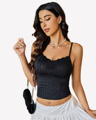 Black lace-trim crop top with thin spaghetti straps and ruched bust detail