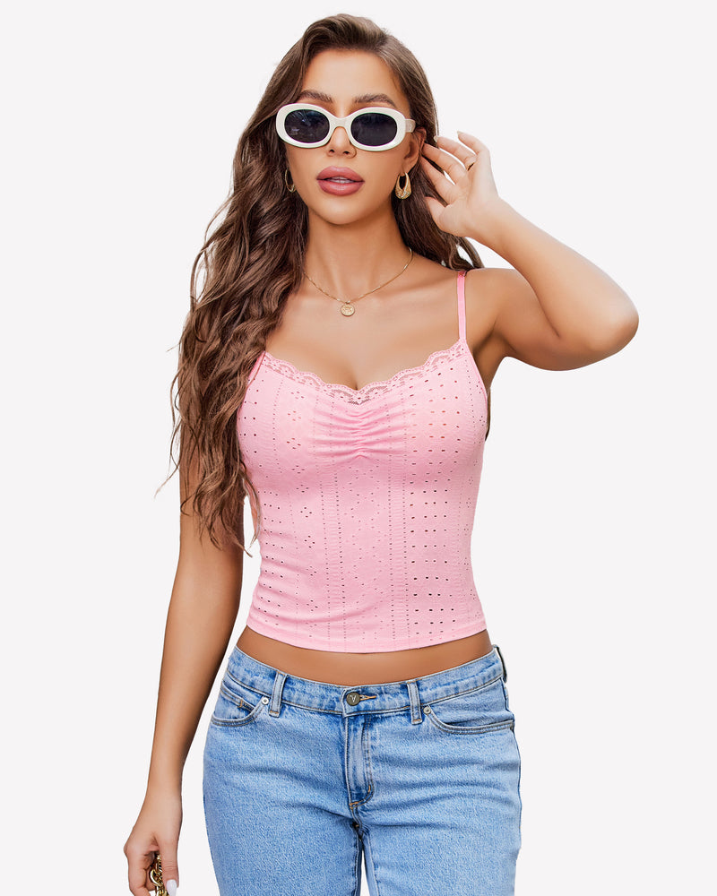 Pink lace-trim crop top with scalloped lace neckline and thin spaghetti straps