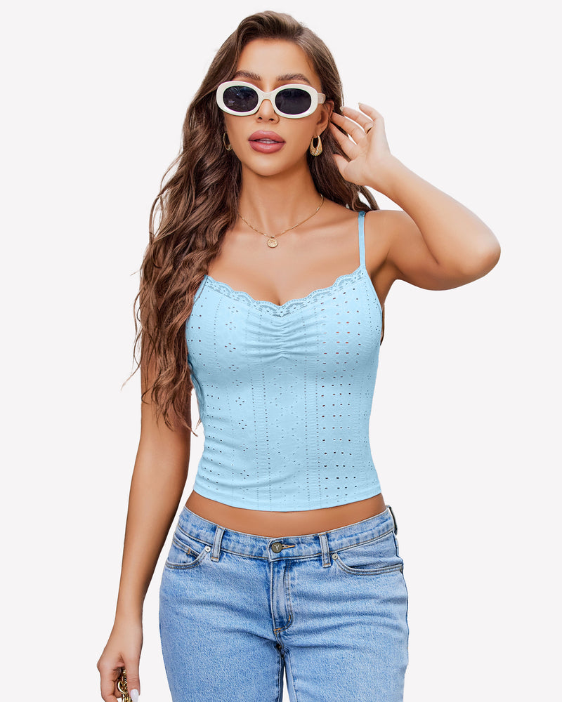 Light blue lace-trim crop top with thin spaghetti straps and ruched bust detail