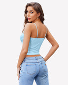 Light blue lace-trim crop top, back view with thin spaghetti straps