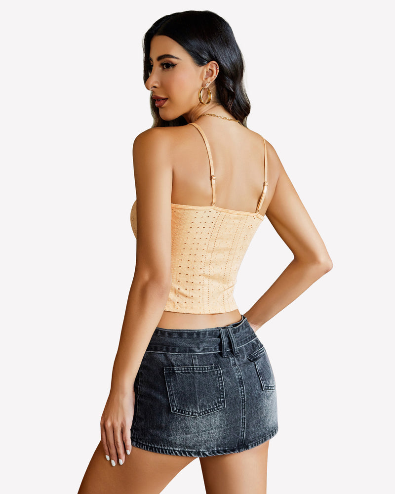 Nude lace-trim crop tank top with spaghetti straps and straight neckline
