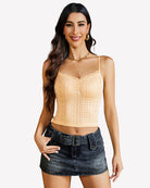 Nude lace-trim crop tank top with V-neck lace trim and thin straps