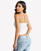 White lace-trim crop tank top with spaghetti straps and V-neckline