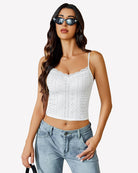 White lace-trim crop tank top with scalloped V-neck and spaghetti straps