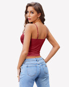Wine red lace-trim crop tank top with spaghetti straps and V-neckline