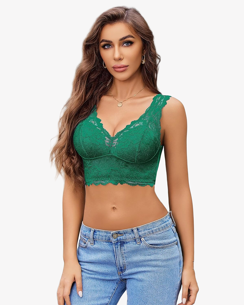 Green lace wireless bra with deep V neckline and scalloped hem