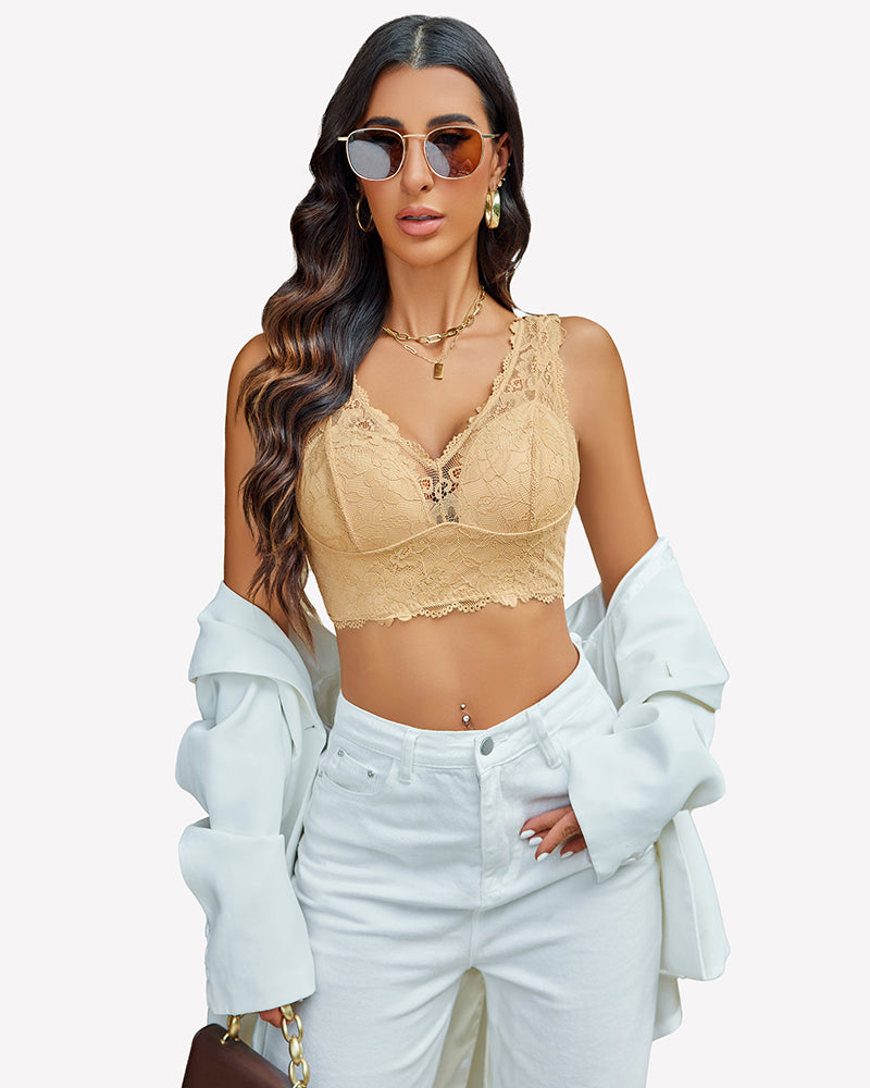 Beige lace wireless bra with deep V neckline and scalloped trim