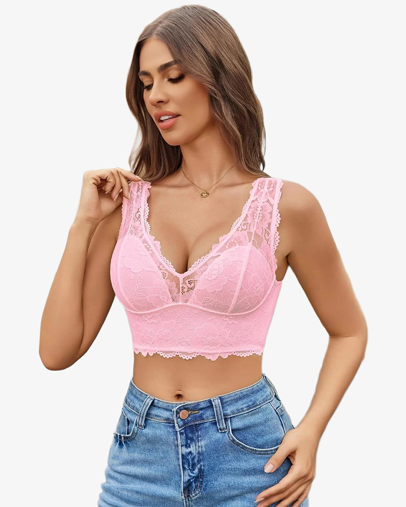 Pink lace wireless bra with deep V neckline and scalloped trim