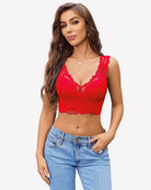 Red lace wireless bra with deep V neckline and scalloped lace trim