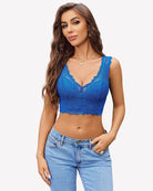 Blue lace wireless bra with deep V neckline and scalloped lace trim
