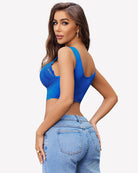 Blue lace wireless bra with deep V neckline and arched seams