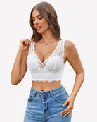 White lace wireless bra with deep V neckline and scalloped edge