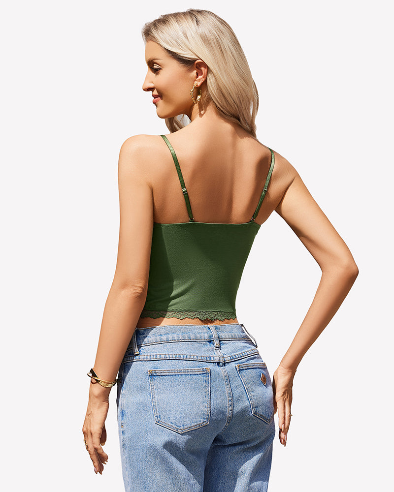 Green lace cami top with thin shoulder straps and scalloped lace back trim