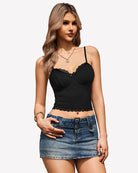 Black lace cami top with sweetheart bust cups and scalloped lace hem