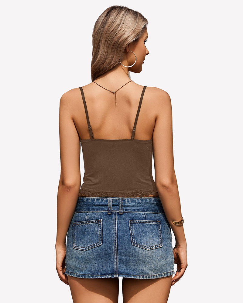 Brown lace cami top with thin straps and scalloped lace back trim