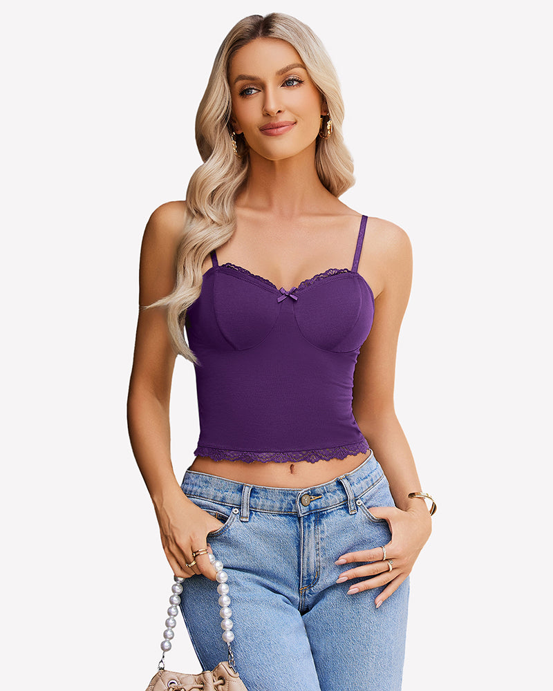 Purple lace cami top with sweetheart bust cups and scalloped lace hem trim