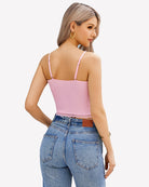 Pink lace cami top with thin straps and scalloped lace hem trim