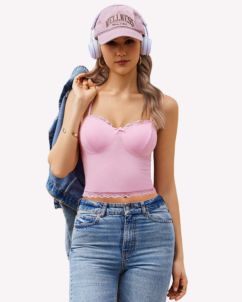 Pink lace cami top with underwire cups, scalloped trim, and thin adjustable straps