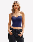 Navy lace cami top with underwire cups and scalloped neckline and hem