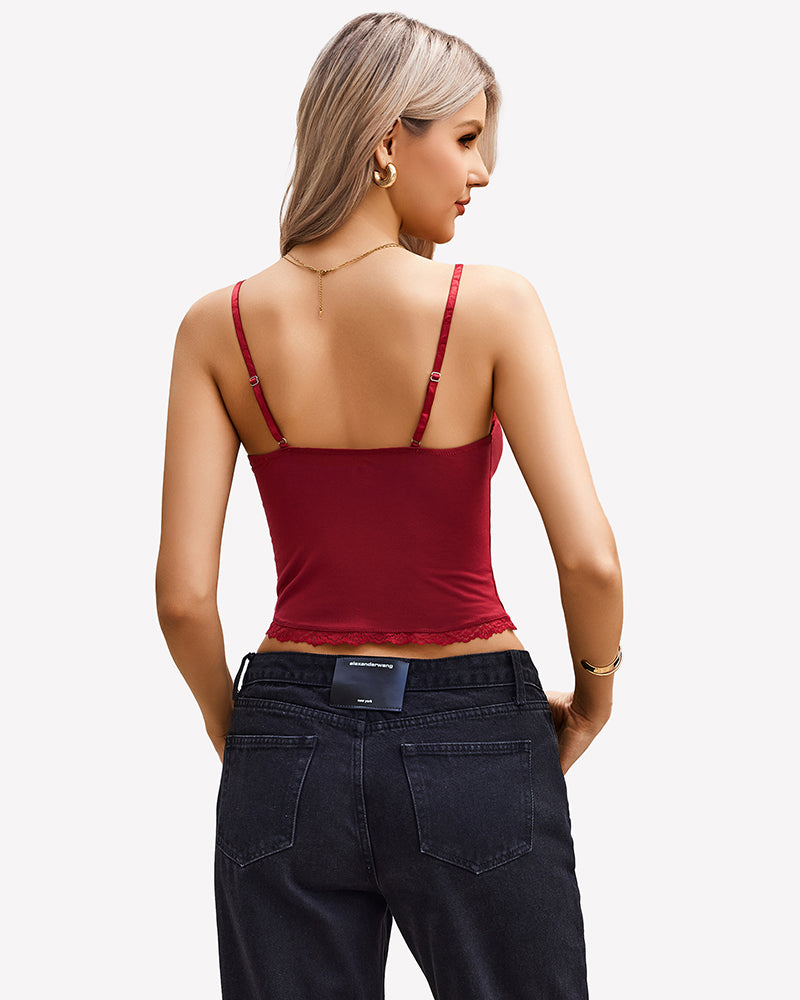 Wine red lace cami top with thin straps and back view, scalloped lace hem