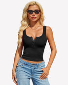 Black ribbed sleeveless button top with square neckline
