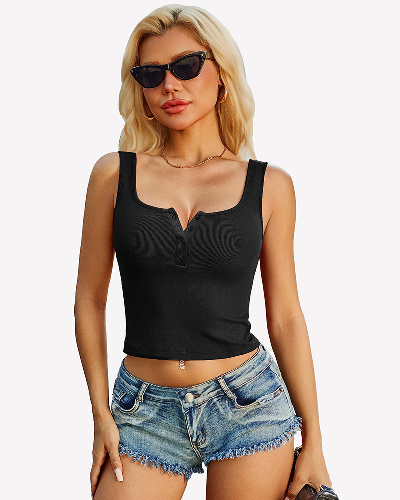 Black ribbed sleeveless button front top with square neckline