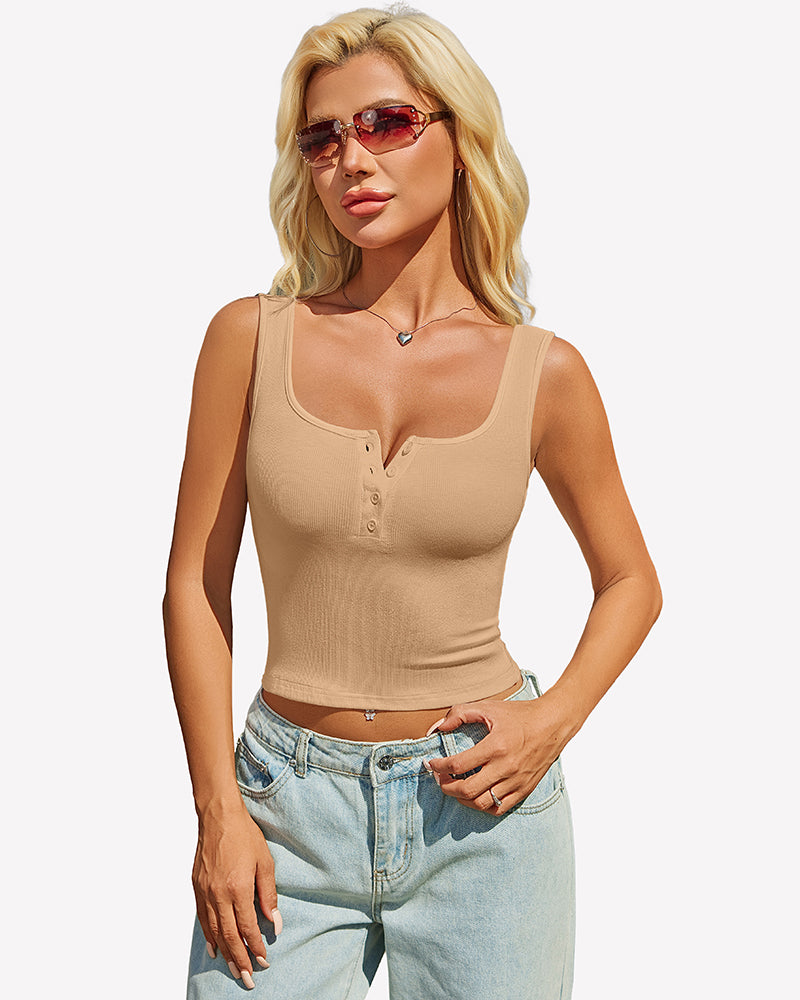 Khaki ribbed sleeveless button top with square neckline