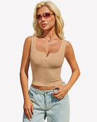 Khaki ribbed sleeveless button top with square neckline