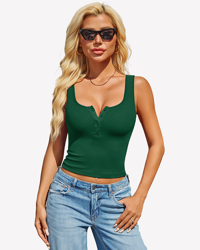 Ribbed sleeveless top with square neckline and button front, green