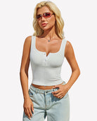 White ribbed sleeveless button top with square neckline