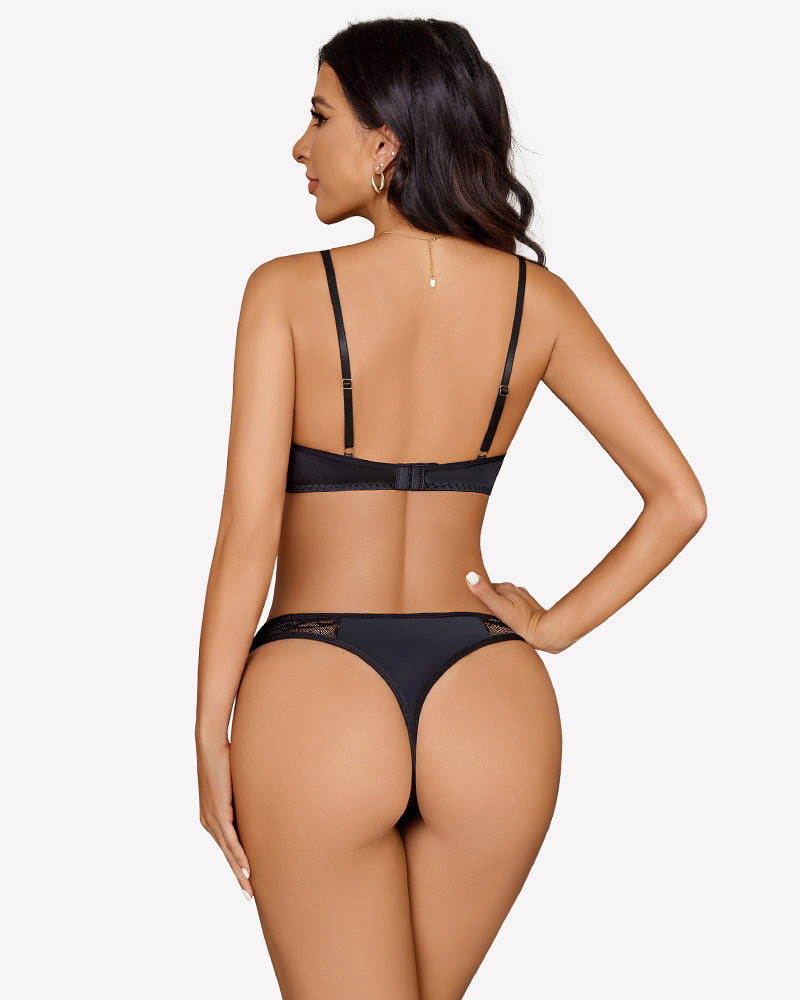 Black lace underwire bra and panty set, back view with strappy lingerie