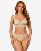 Floral lace underwire bra and panty set, cream with floral lace trim