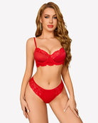 Floral lace underwire bra and panty set, red with floral lace underwire cups