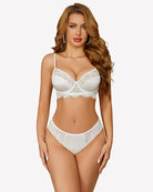 Floral lace underwire bra and panty set, white with floral lace cups and lace-trim briefs