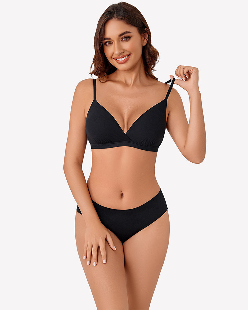Black plunge unpadded wireless bra with V-neckline and thin straps