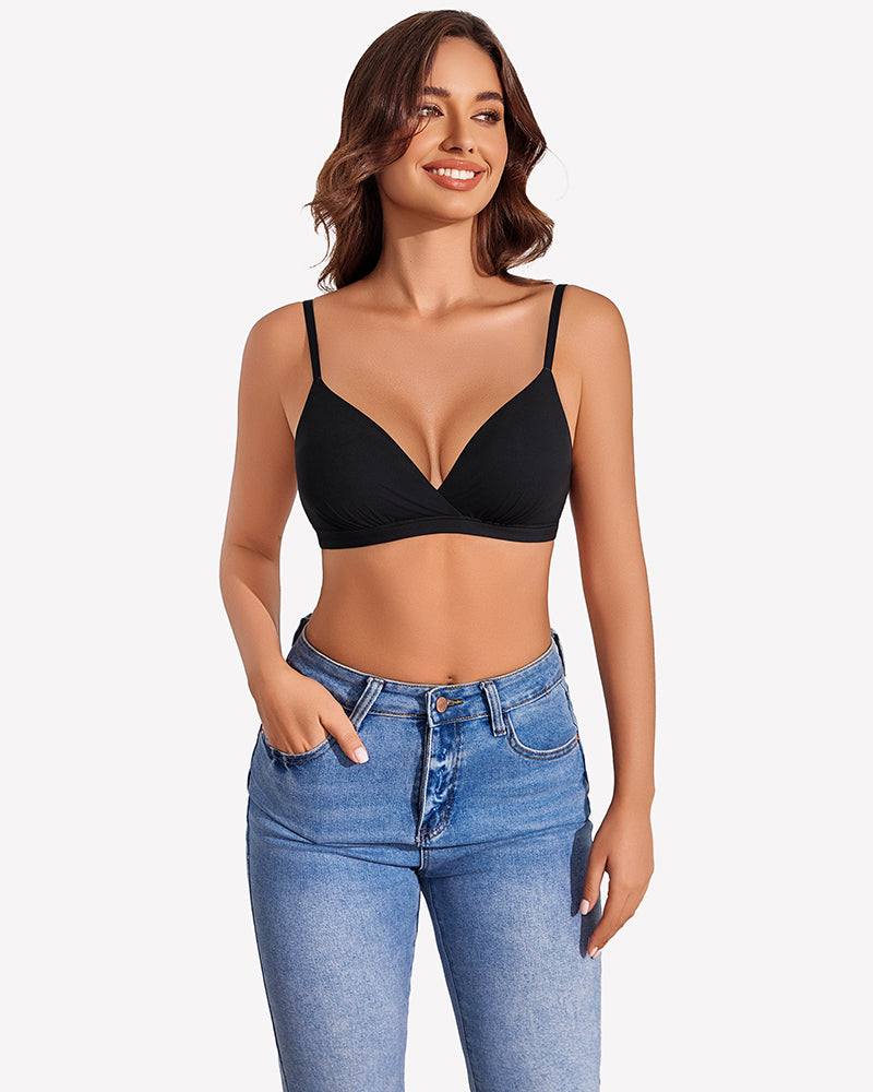 Black wireless plunge bra with unpadded cups and thin spaghetti straps