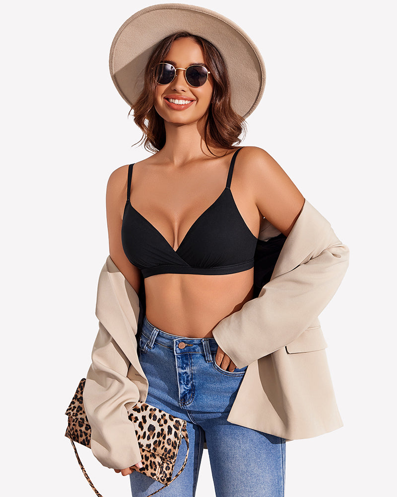 Black plunge unpadded wireless bra with thin adjustable straps