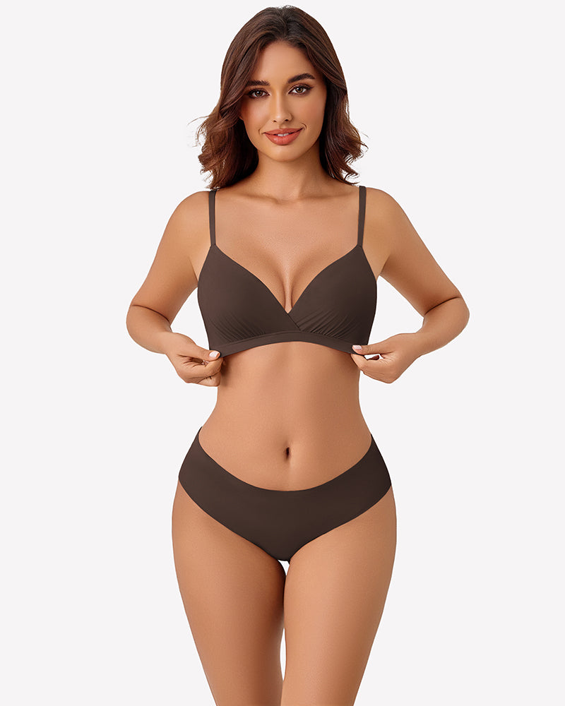 Coffee-brown plunge unpadded wireless bra with thin adjustable straps