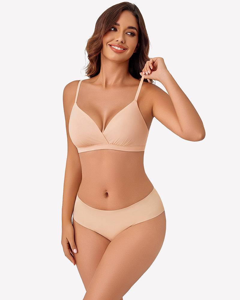 Nude plunge unpadded wireless bra with V-neckline and thin straps