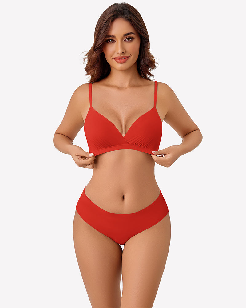 Red plunge unpadded wireless bra with thin adjustable straps