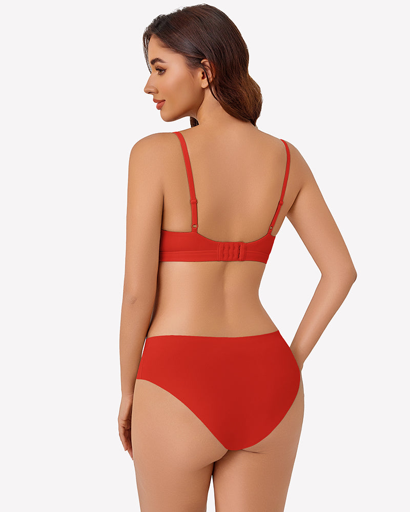 Red plunge unpadded wireless bra back view with thin shoulder straps
