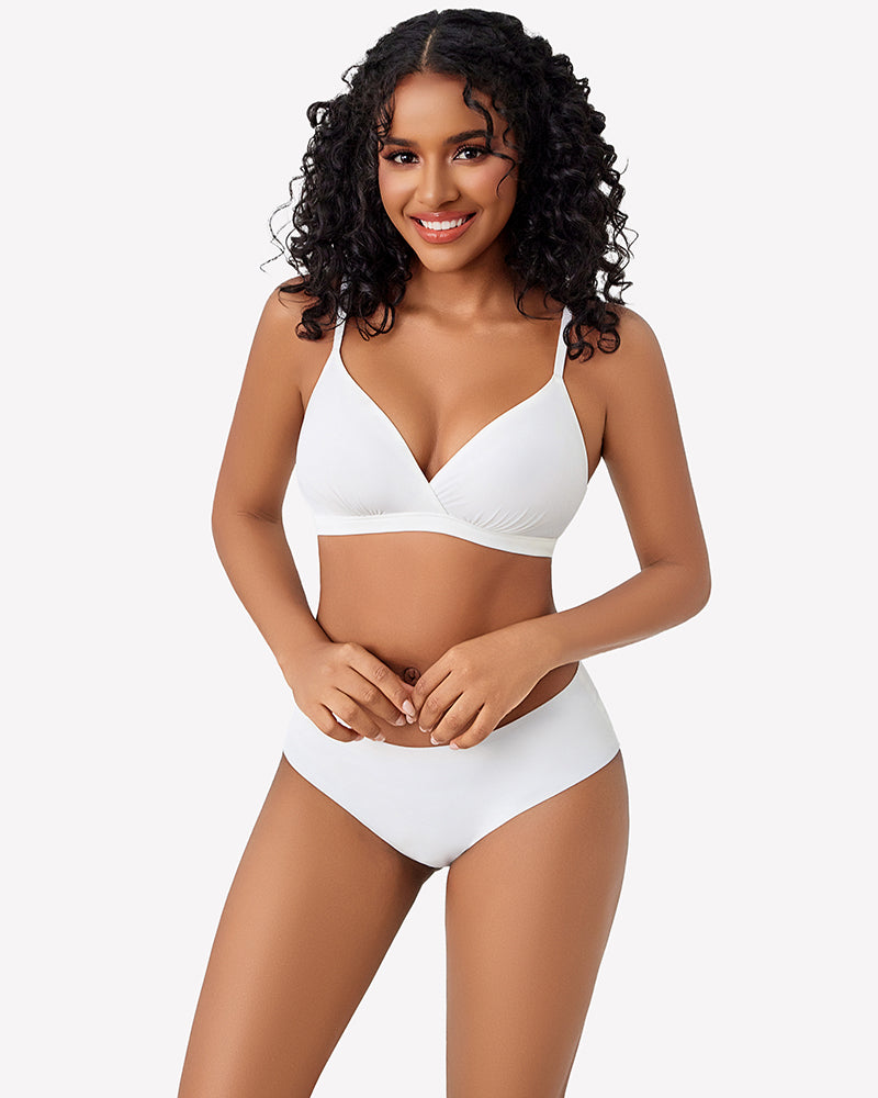 White plunge unpadded wireless bra with V-neckline and thin straps