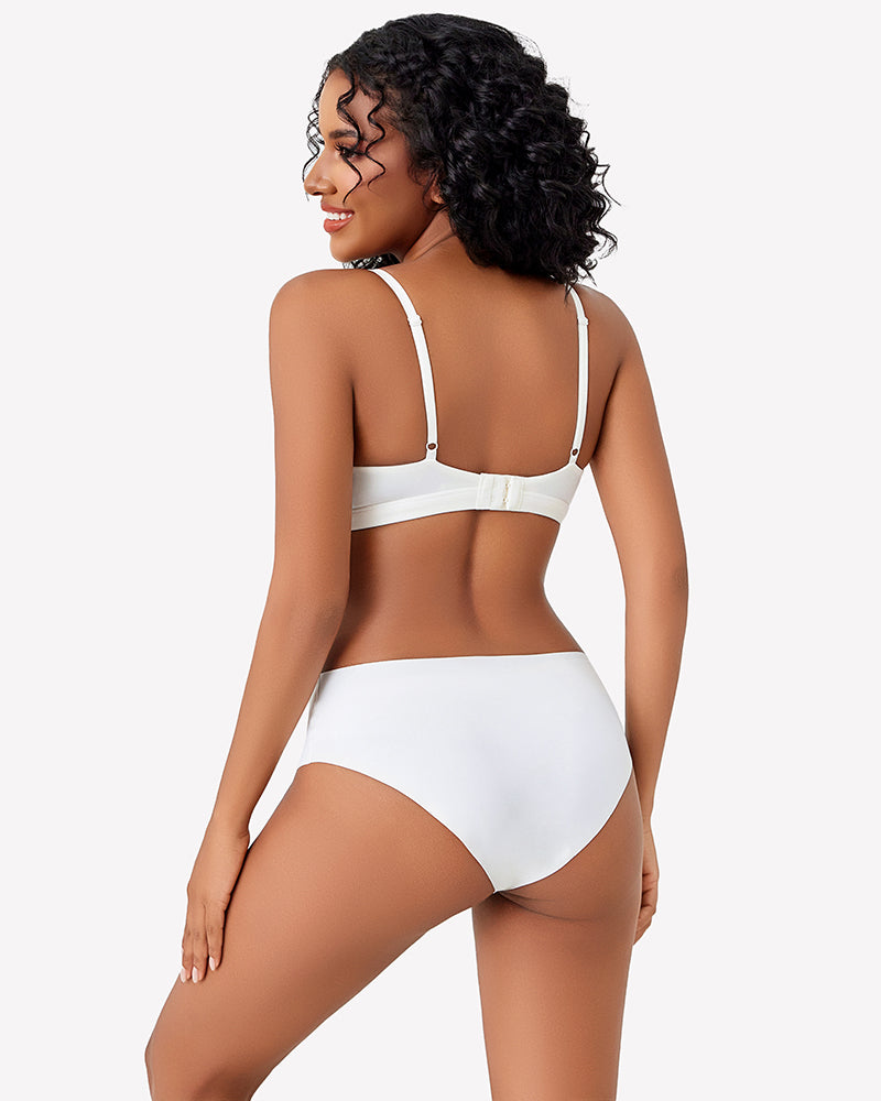 White plunge unpadded wireless bra back view with thin shoulder straps