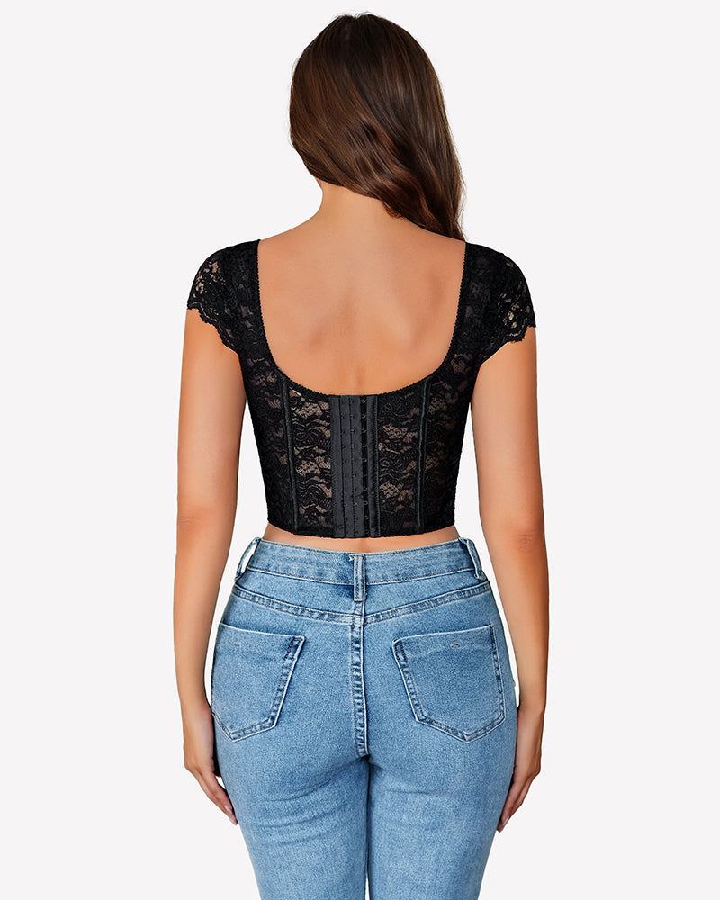 Black floral lace bustier crop top, back view with lace-up corset detail