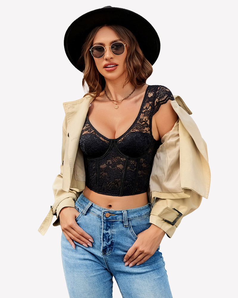 Black floral lace bustier crop top, cap sleeves, corset-style front