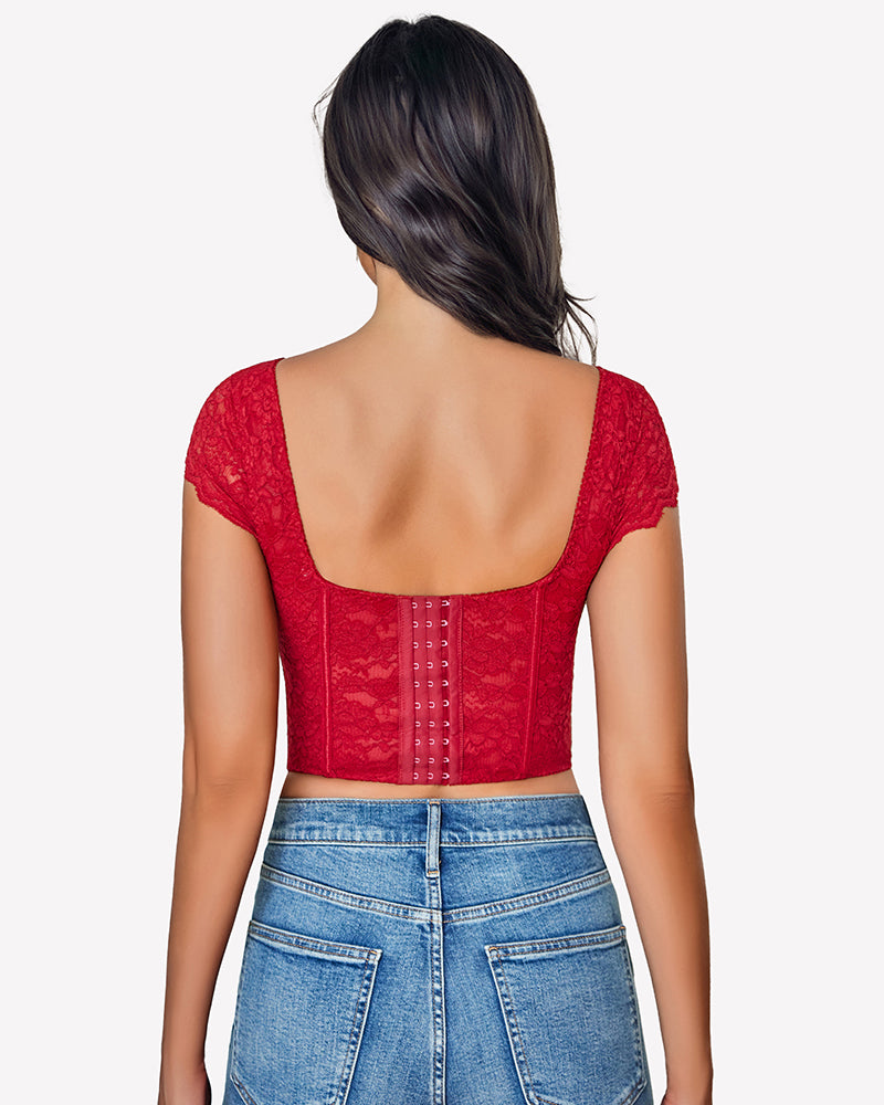 Rose red floral lace bustier crop top, back view with lace-up corset detail