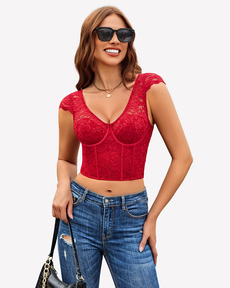 Rose red floral lace bustier crop top, cap sleeves, sweetheart neckline