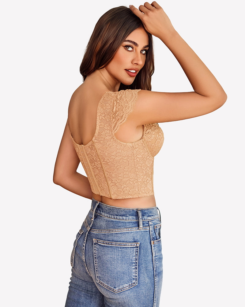 Wheat floral lace bustier crop top, back view with lace-up corset detail