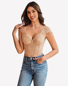 Beige floral lace bustier crop top with V-neck and cap sleeves