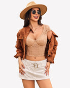 Wheat floral lace bustier crop top, cap sleeves, sweetheart neckline